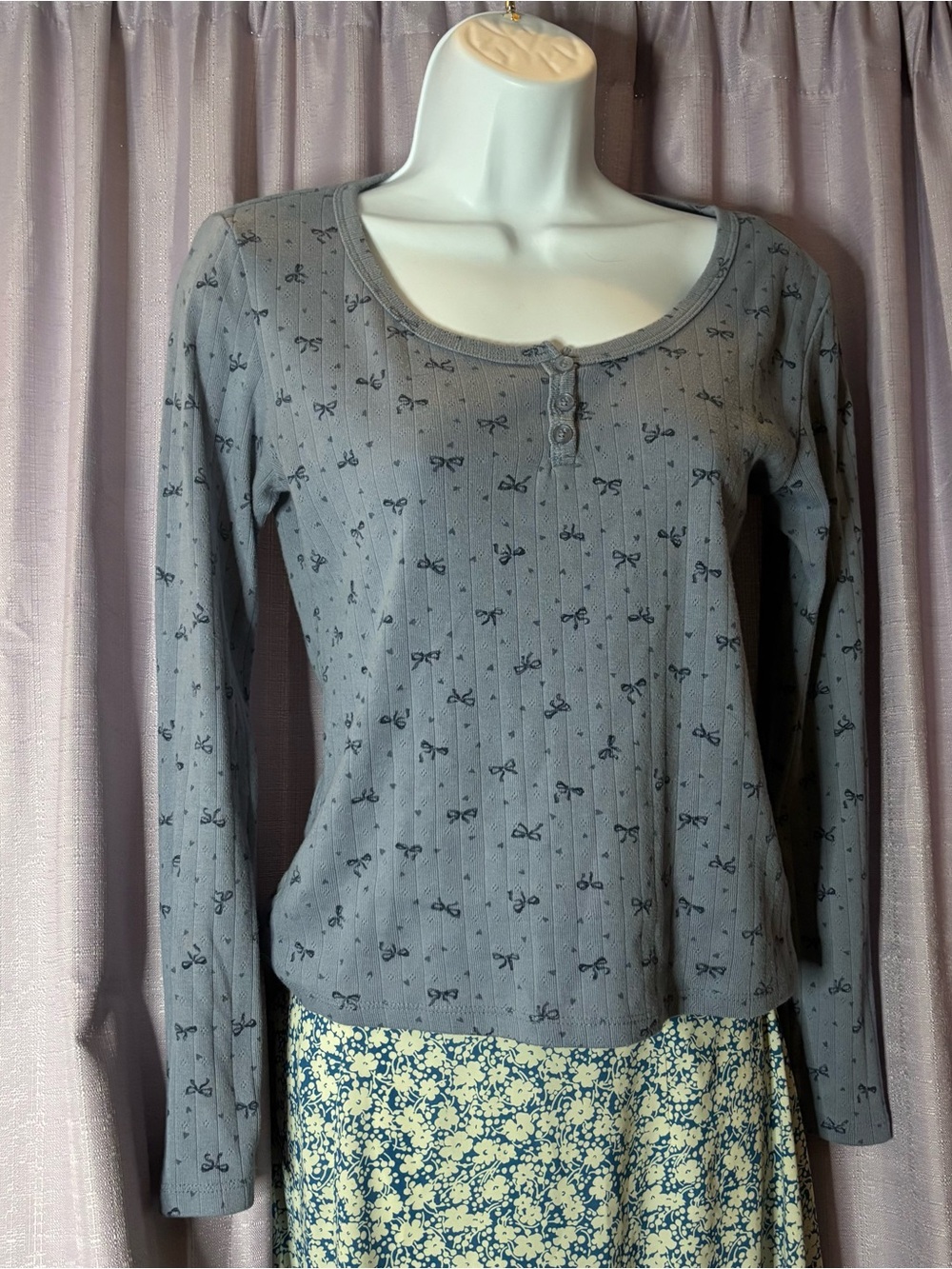 Pink Republic Blue Long Sleeve Scoop Neck Top with Bow Print